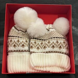 Cozy Knit Beanie Set with Pom-Poms - Cream and Brown